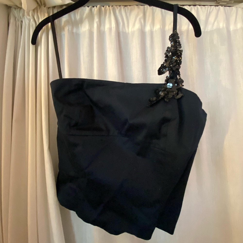 Vintage Express Stretch one Shoulder Navy Blue with Black Sequin Detail Top